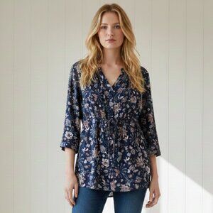 Hilary Radley Long Sleeve Baby Doll Tunic Shirt Floral Navy Blue Size XL